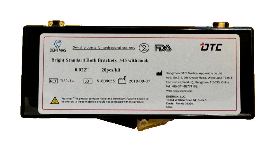 FDA  Bright series Standard  Roth brackets, 345 with hooks.  0.022"    10 SETS