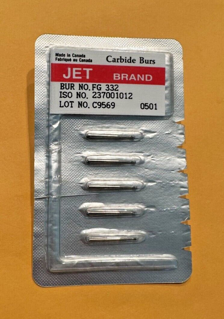 KERR JET Dental Carbide Burs FG 332  Pear.  5/Pack.  Made in Canada