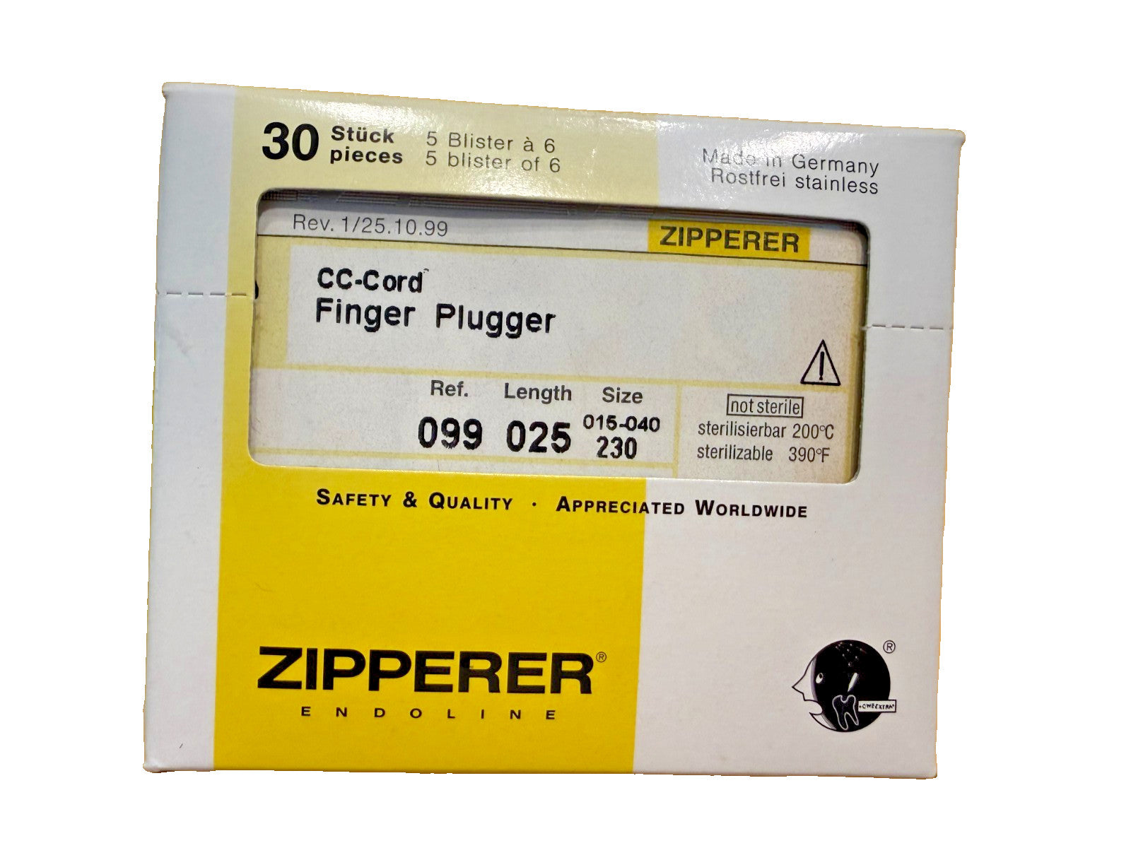 30 ENDO FINGER PLUGGER VDW ZIPPERER 5 x 6 box. A Dentsply Company. Germany