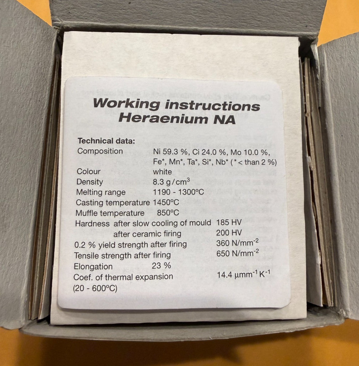 KULZER HERAENIUM  NA - for C&B Nickel Chrome alloy 1 Kg.  Germany