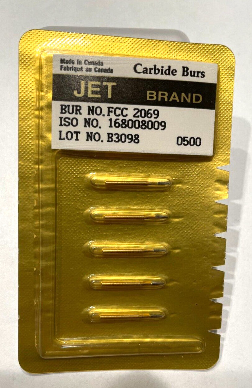 JET KERR CARBIDE BURS FG 2069 METAL CUTTER FLAT END TAPER. PACK OF 5 UNITS.